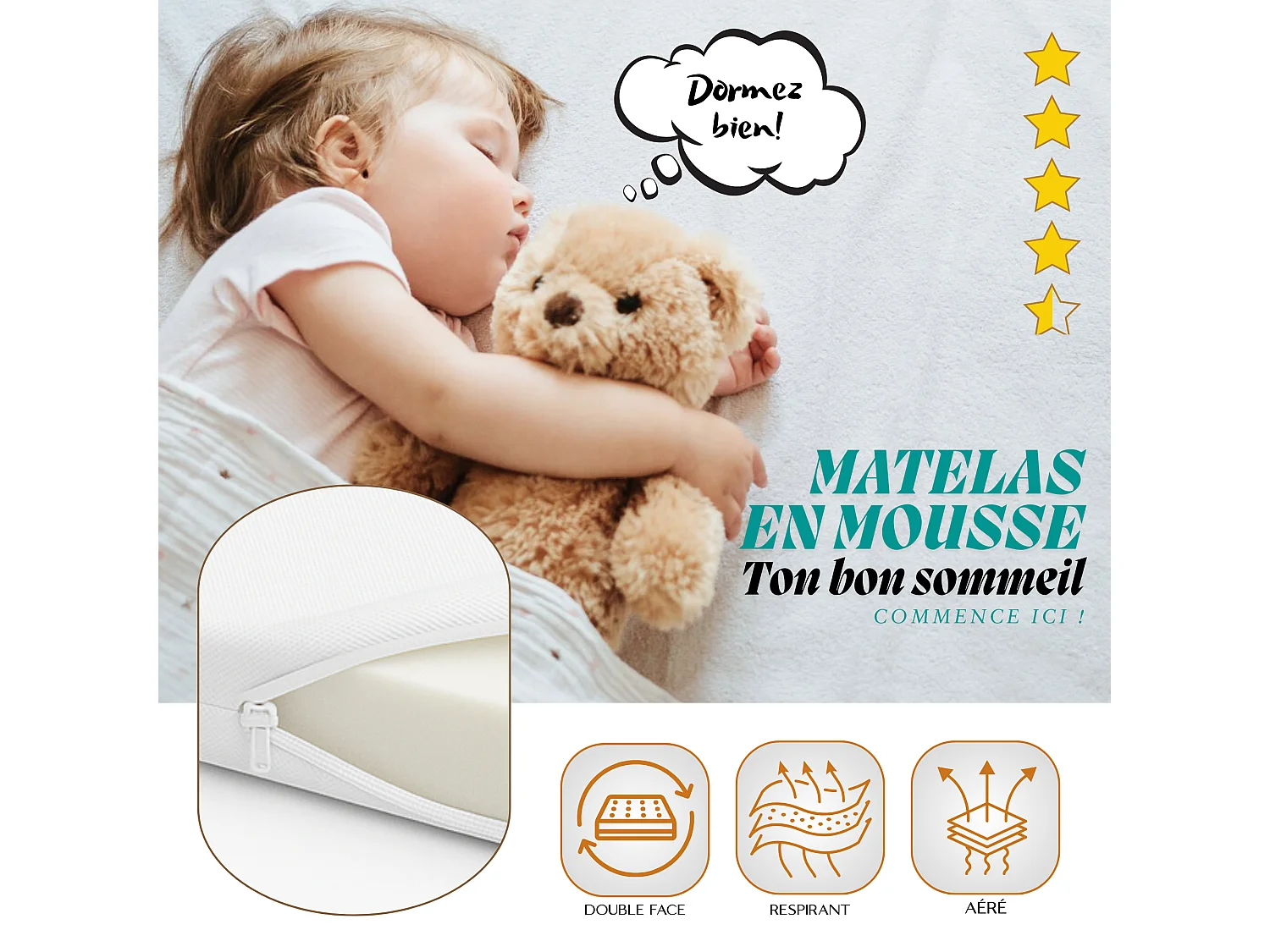 Matelas 70x140 enfant, 7 cm h2, mousse respirante, housse hypoallergénique lavable, double face, certifié oeko-tex 100
