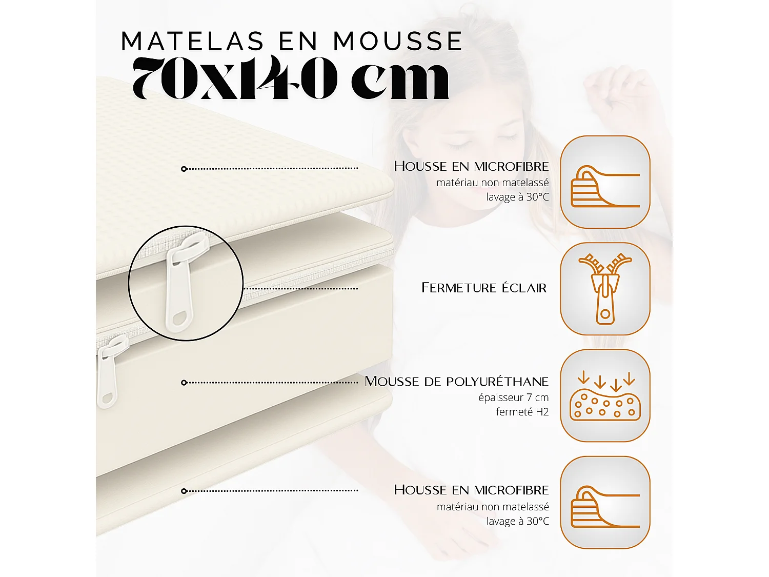 Matelas 70x140 enfant, 7 cm h2, mousse respirante, housse hypoallergénique lavable, double face, certifié oeko-tex 100