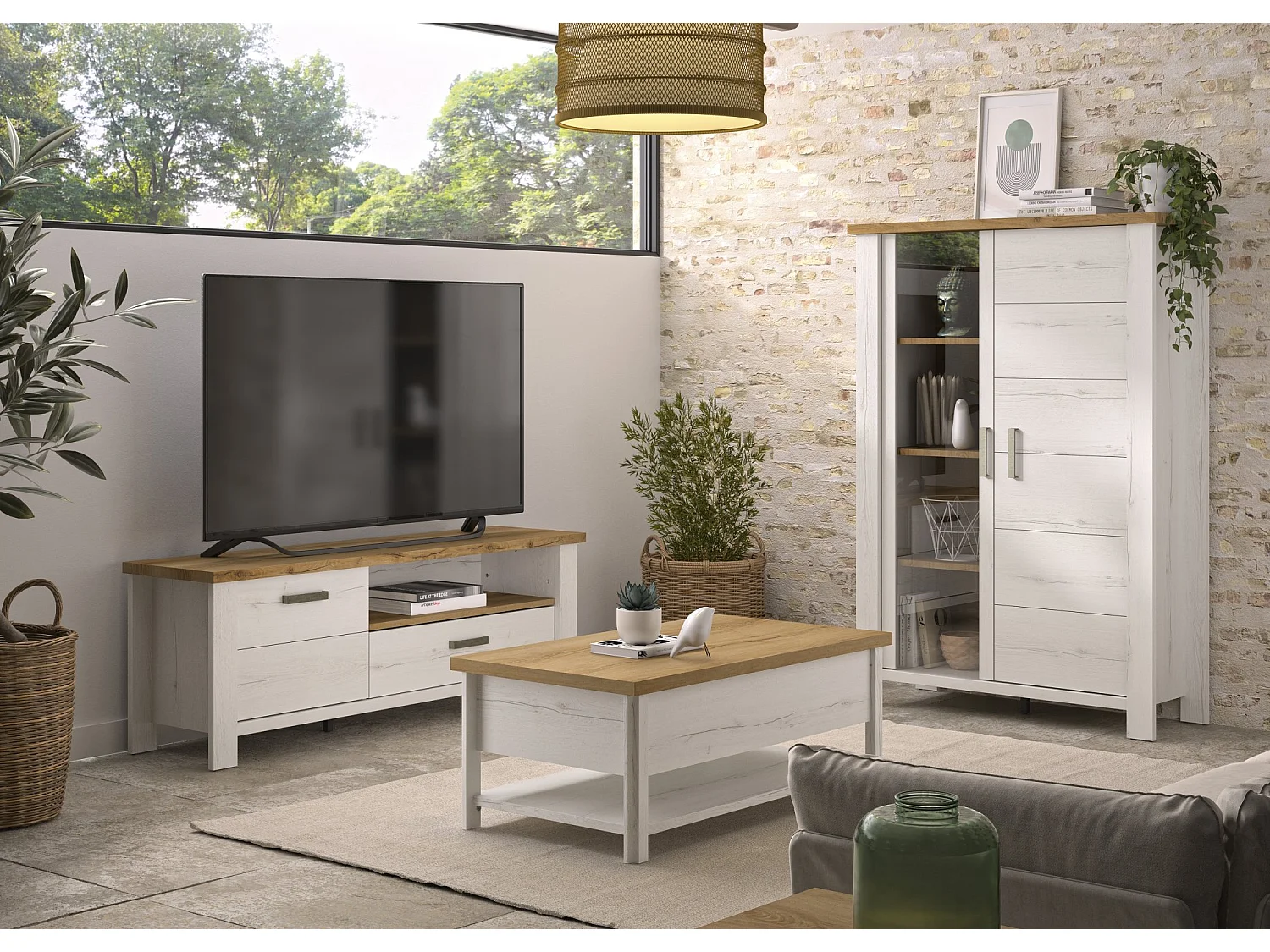 Table basse relevable effet bois chêne  avec rangement