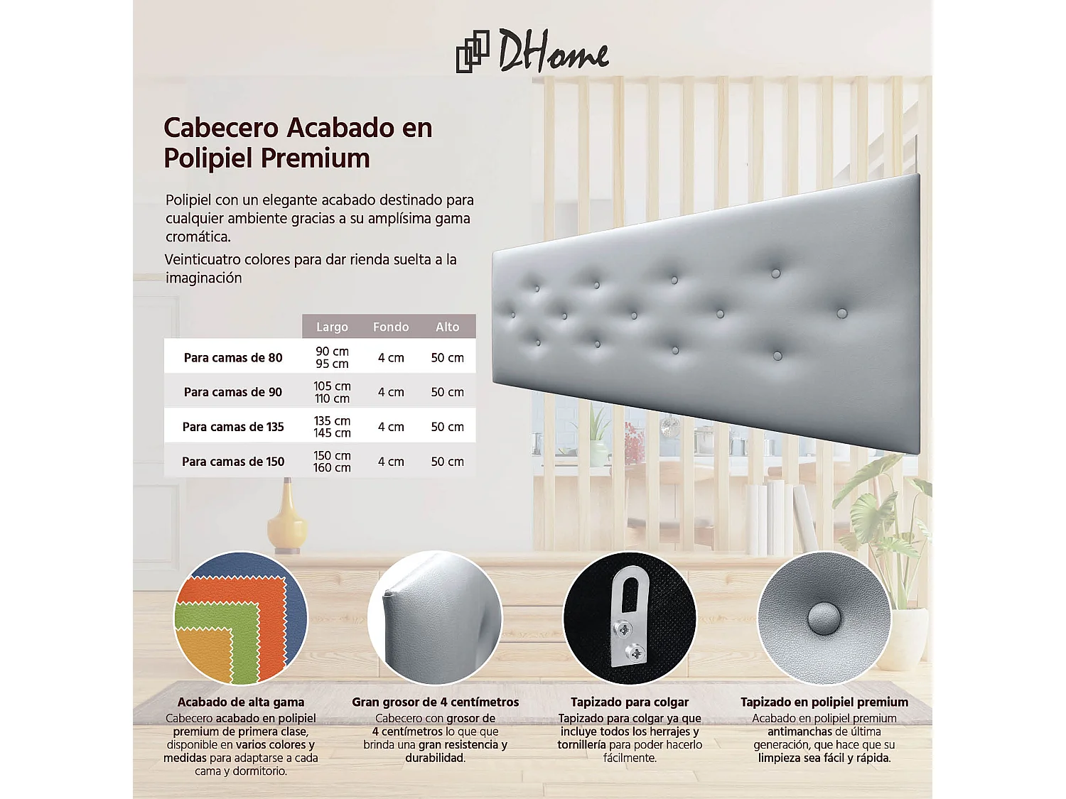 DHOME Tête de Lit en Similicuir avec 3 Rangées de Boutons Entrelacées Tête de Lit Rembourrée de Luxe (Argent, 145cm)