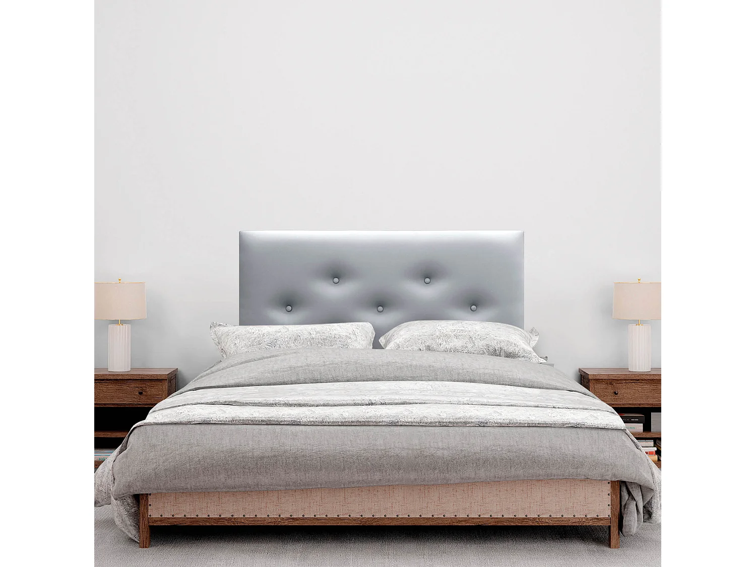 DHOME Tête de Lit en Similicuir avec 3 Rangées de Boutons Entrelacées Tête de Lit Rembourrée de Luxe (Argent, 95cm)