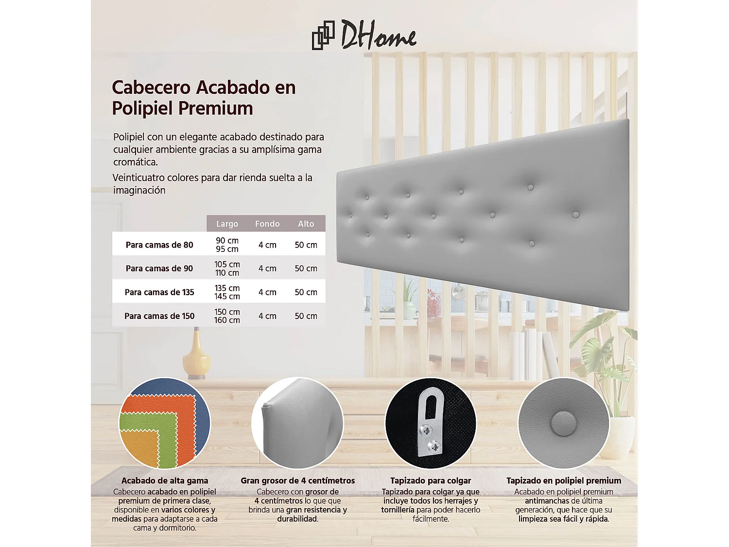 DHOME Tête de Lit en Similicuir avec 3 Rangées de Boutons Entrelacées Tête de Lit Rembourrée de Luxe (Gris Clair, 150cm)