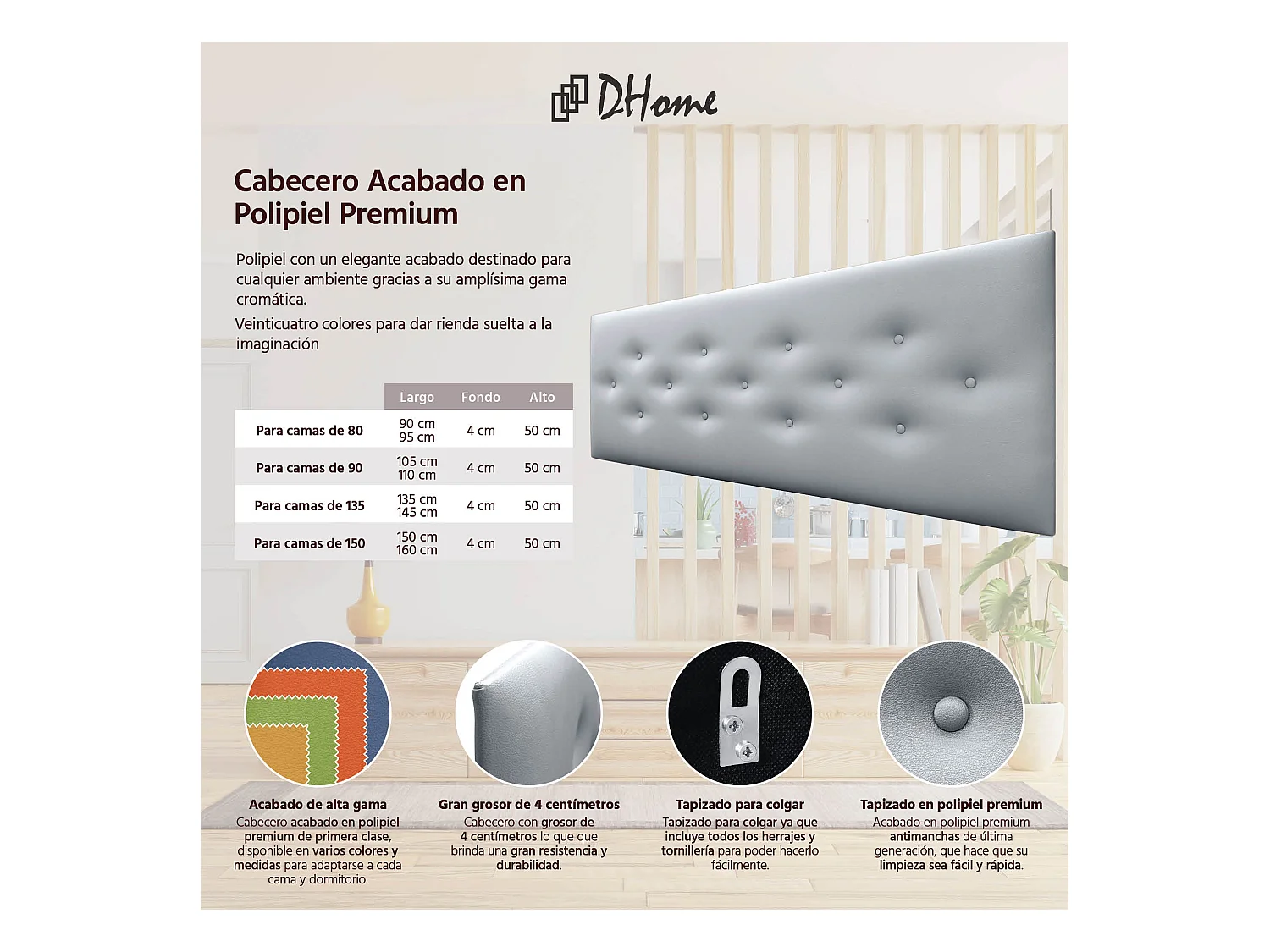 DHOME Tête de Lit en Similicuir avec 3 Rangées de Boutons Entrelacées Tête de Lit Rembourrée de Luxe (Argent, 150cm)