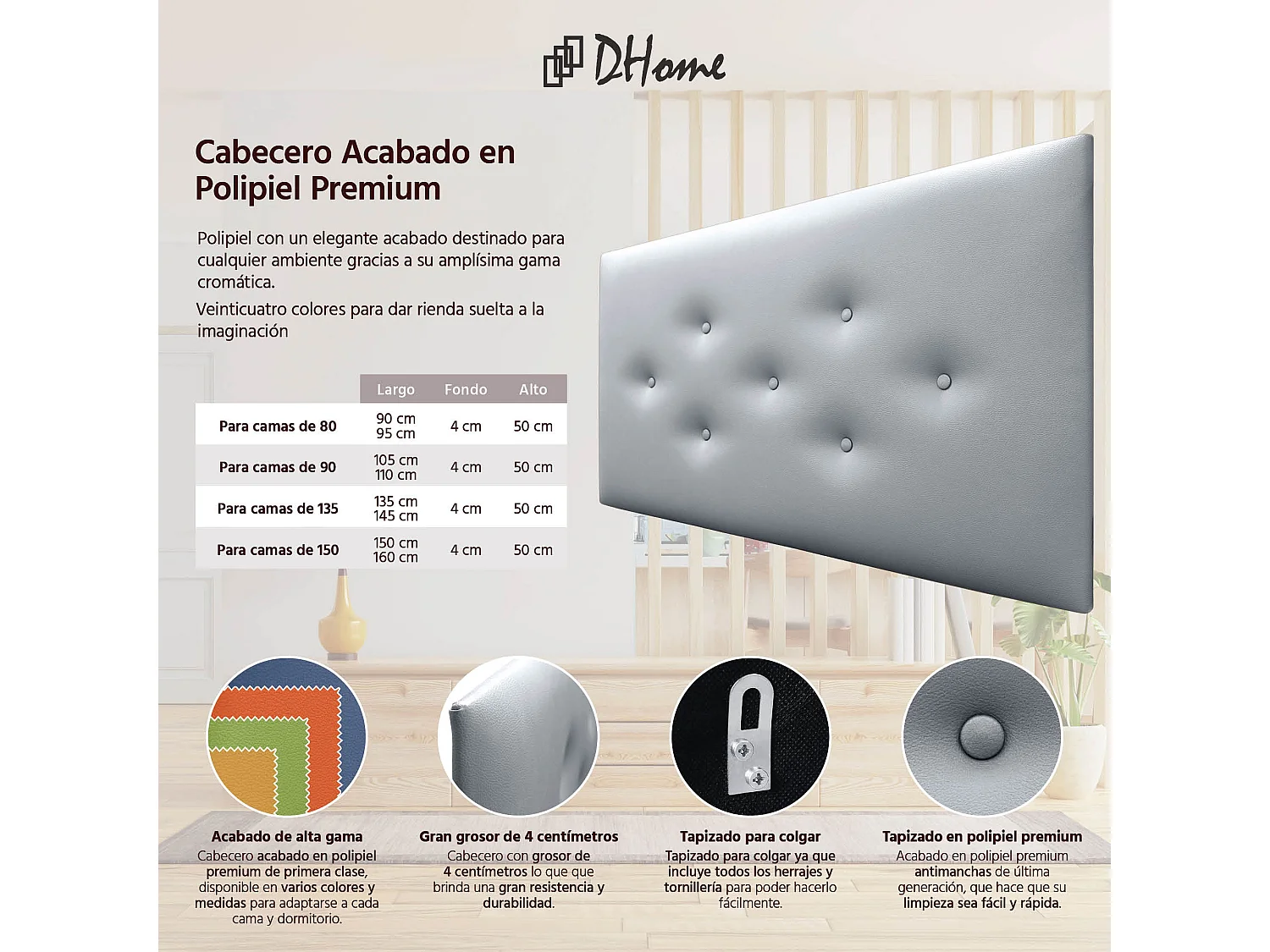 DHOME Tête de Lit en Similicuir avec 3 Rangées de Boutons Entrelacées Tête de Lit Rembourrée de Luxe (Argent, 110cm)