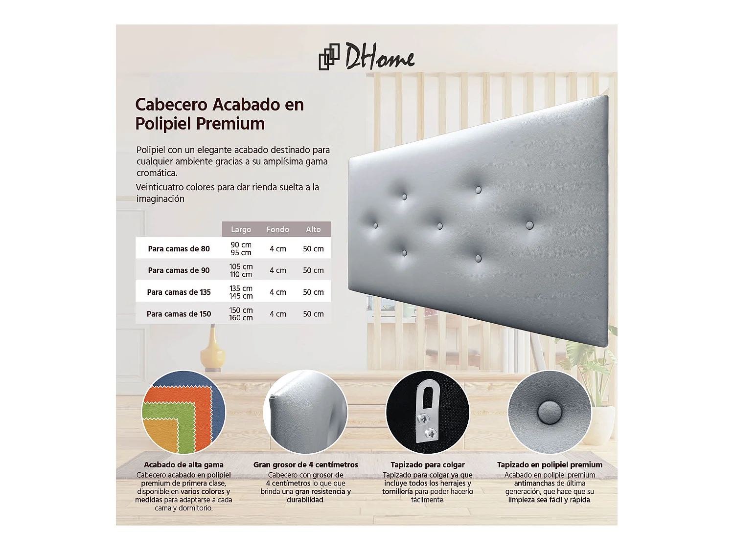 DHOME Tête de Lit en Similicuir avec 3 Rangées de Boutons Entrelacées Tête de Lit Rembourrée de Luxe (Argent, 105cm)