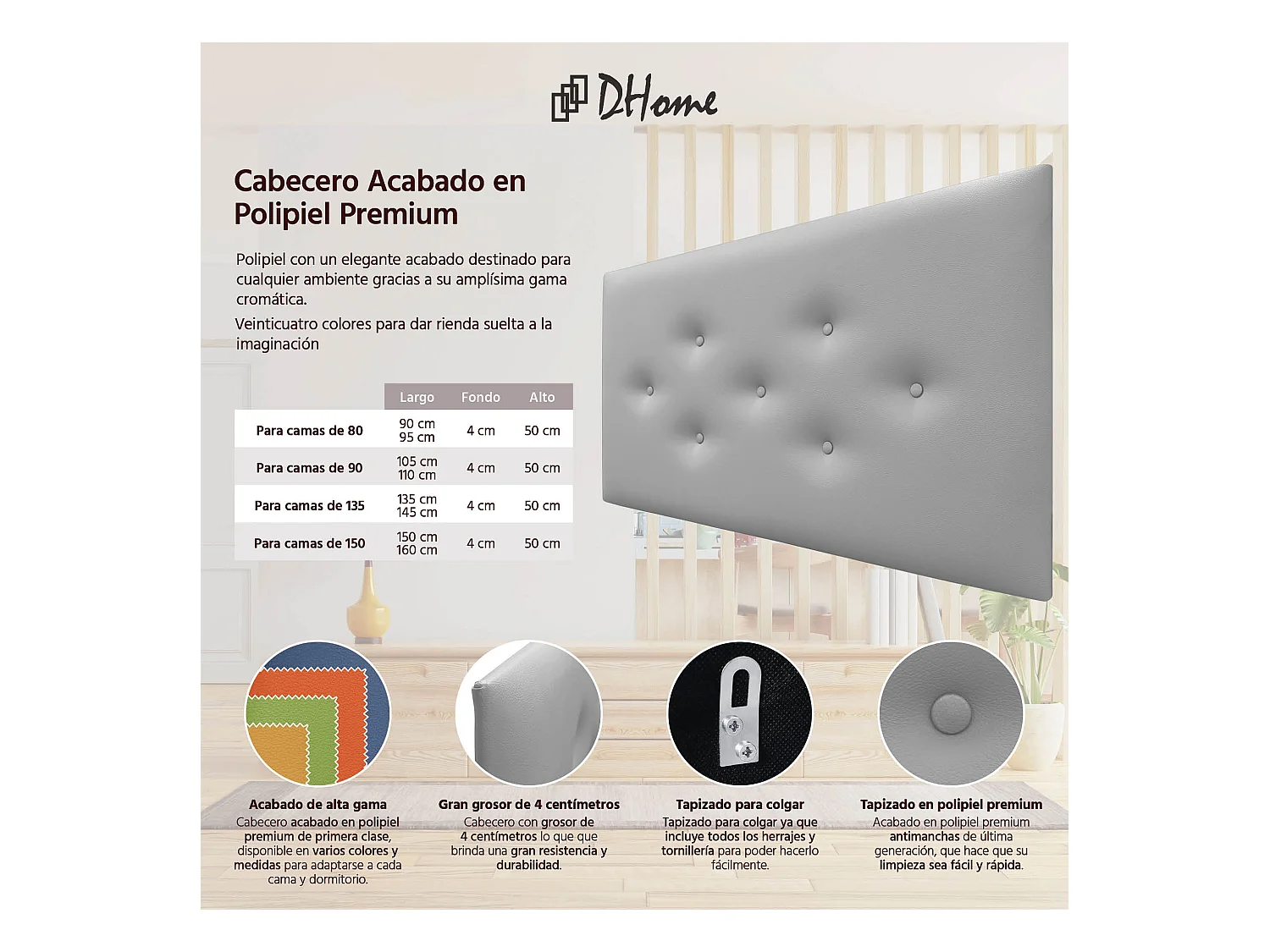 DHOME Tête de Lit en Similicuir avec 3 Rangées de Boutons Entrelacées Tête de Lit Rembourrée de Luxe (Gris Clair, 90cm)