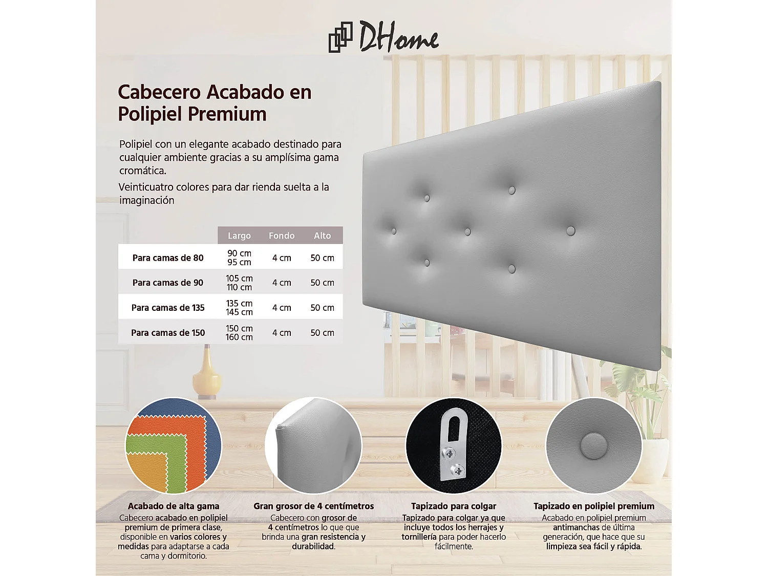 DHOME Tête de Lit en Similicuir avec 3 Rangées de Boutons Entrelacées Tête de Lit Rembourrée de Luxe (Gris Clair, 90cm)