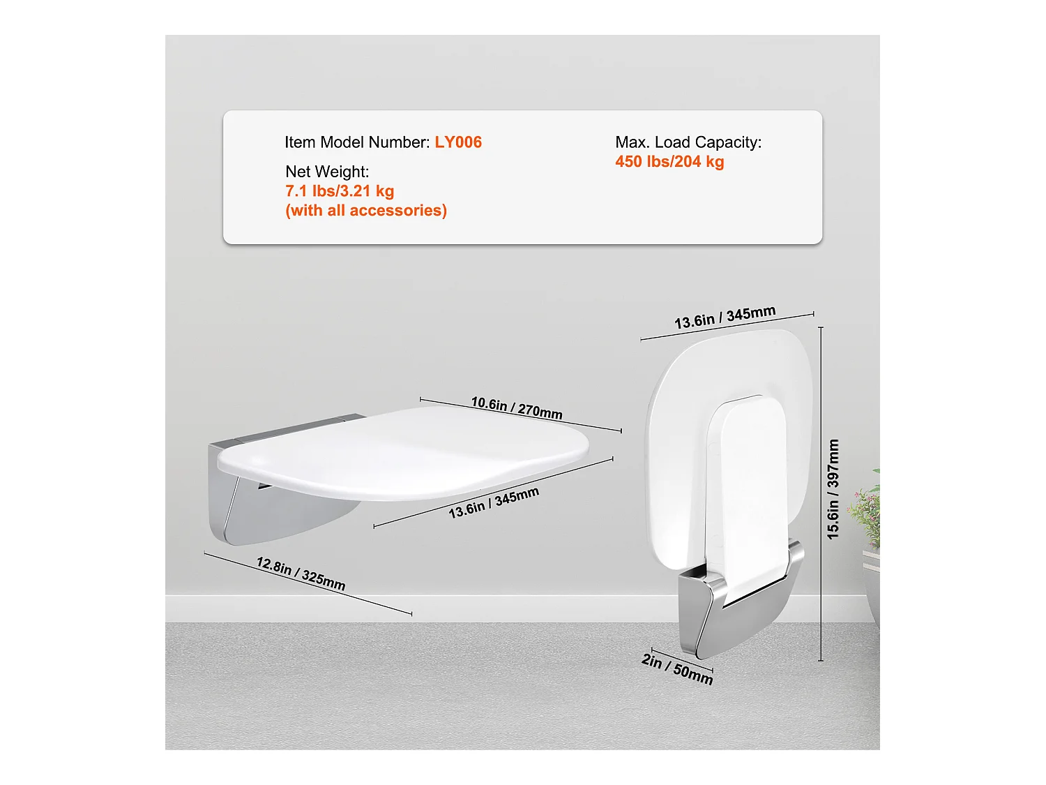 Siège de Douche SucceBuy Siège de Douche Pliant 34.5cm x 32.5cm Fixation Murale 450 lb