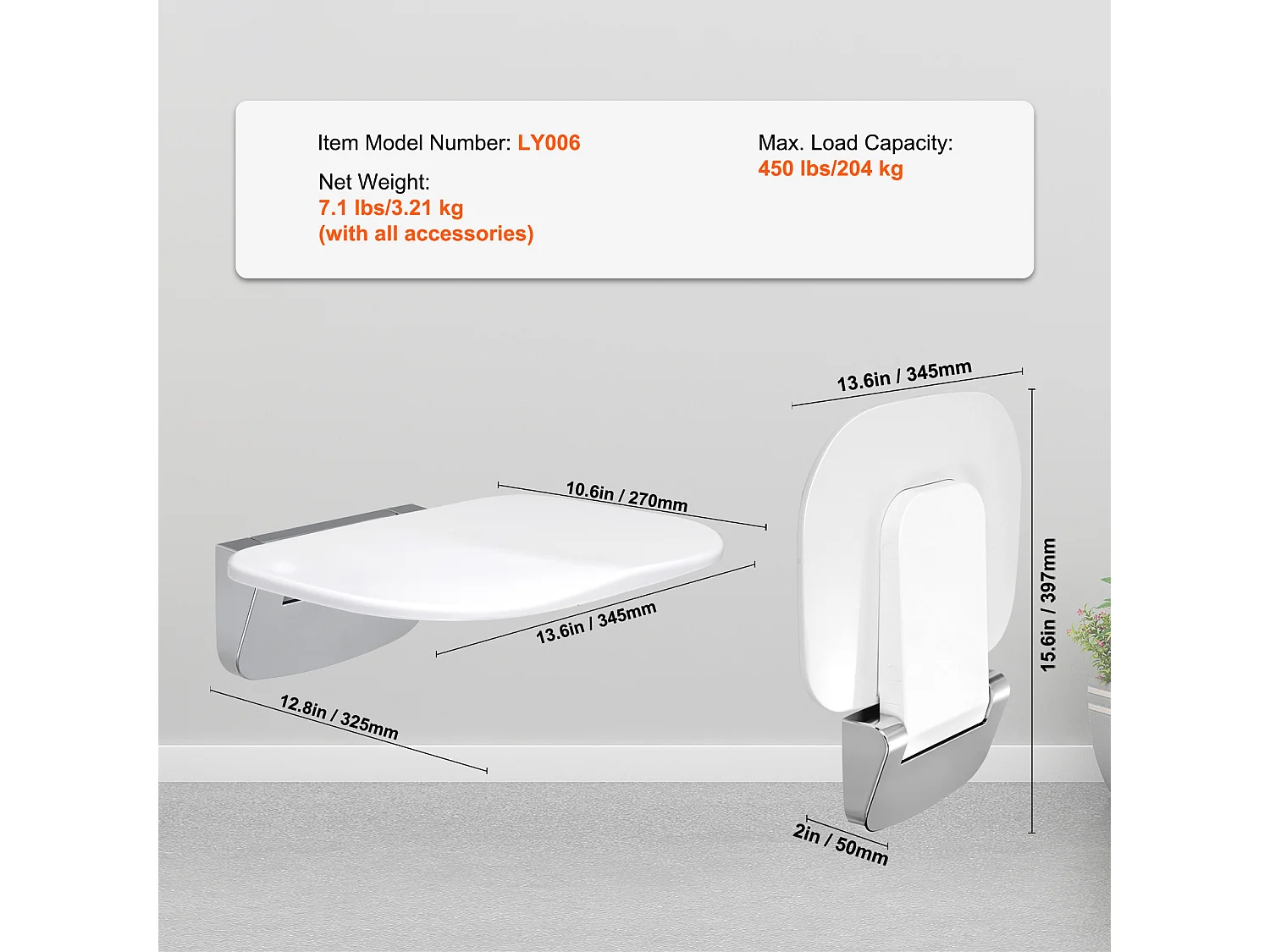 Siège de Douche SucceBuy Siège de Douche Pliant 34.5cm x 32.5cm Fixation Murale 450 lb