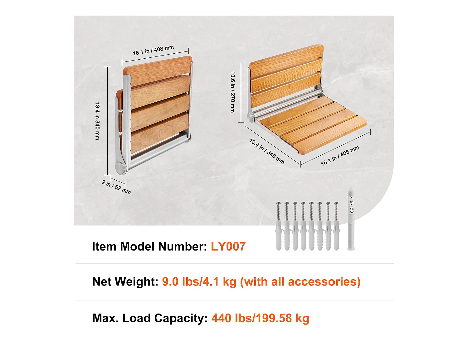 Siège de Douche SucceBuy Siège de Douche Pliable en Chêne 40.8cm x 34cm Mural 440 lb
