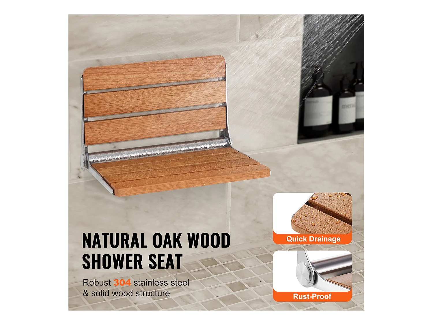 Siège de Douche SucceBuy Siège de Douche Pliable en Chêne 40.8cm x 34cm Mural 440 lb