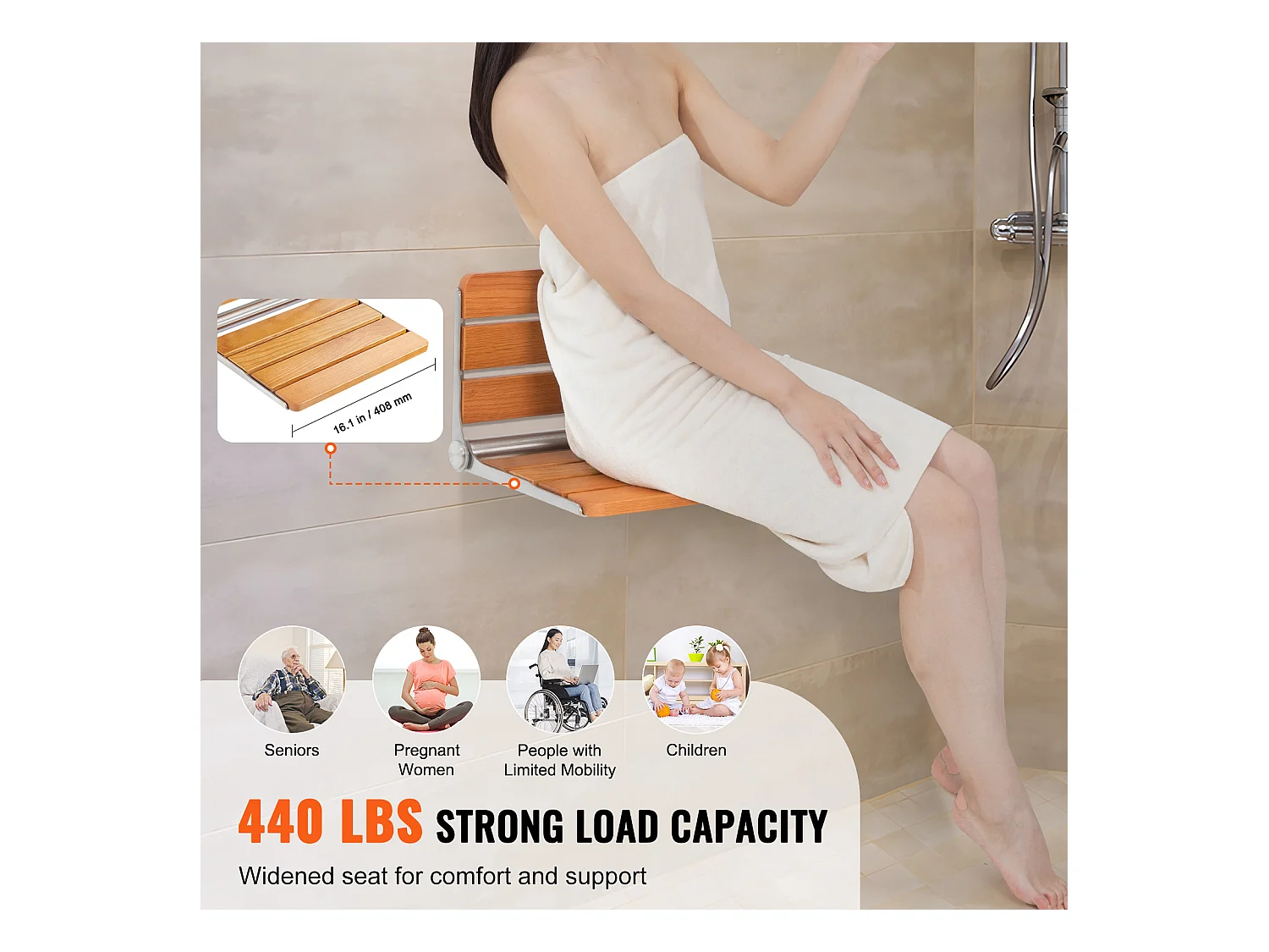 Siège de Douche SucceBuy Siège de Douche Pliable en Chêne 40.8cm x 34cm Mural 440 lb