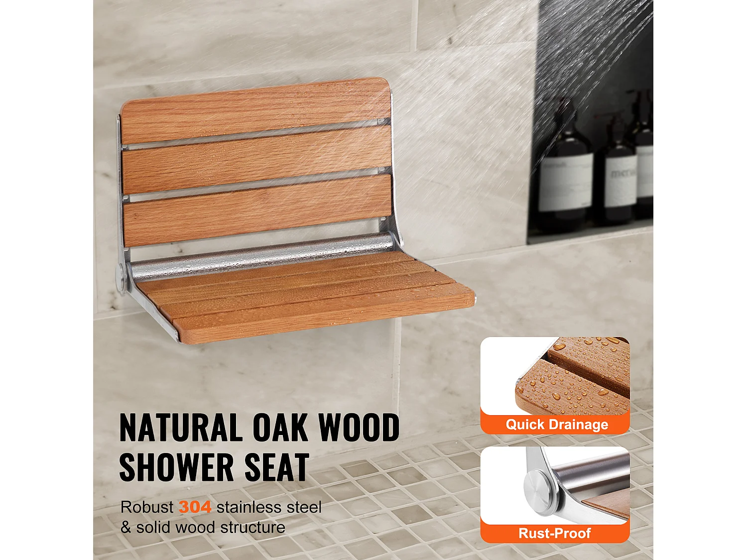 Siège de Douche SucceBuy Siège de Douche Pliable en Chêne 40.8cm x 34cm Mural 440 lb