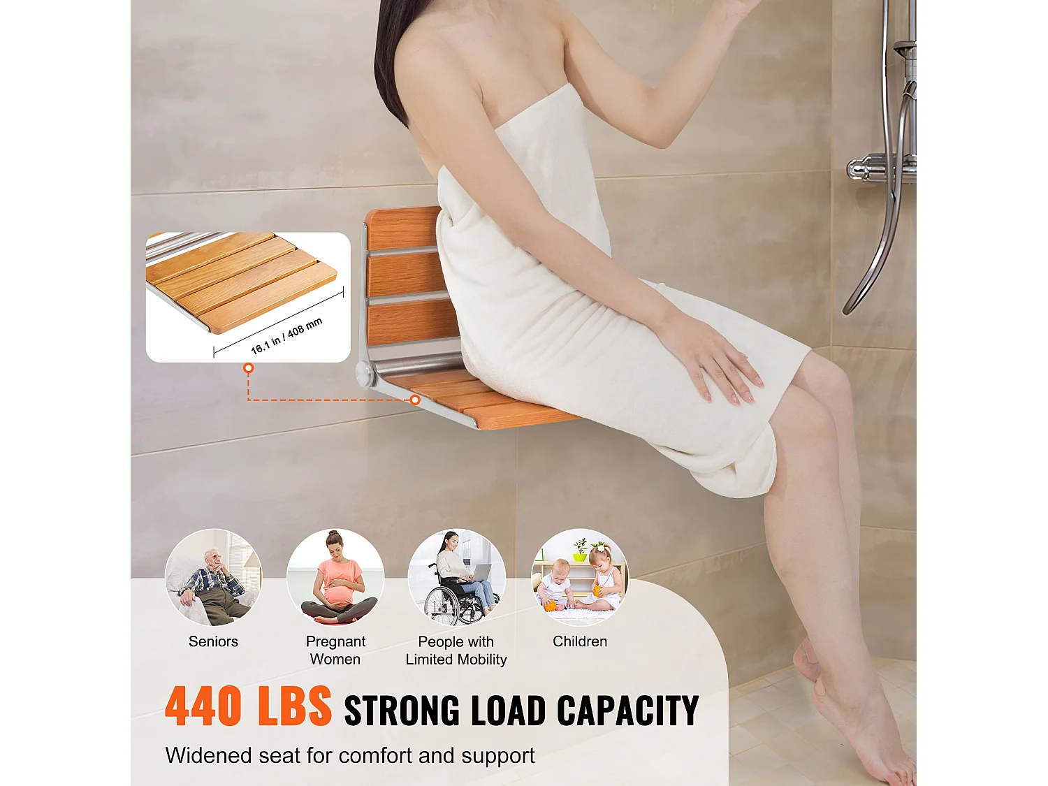 Siège de Douche SucceBuy Siège de Douche Pliable en Chêne 40.8cm x 34cm Mural 440 lb