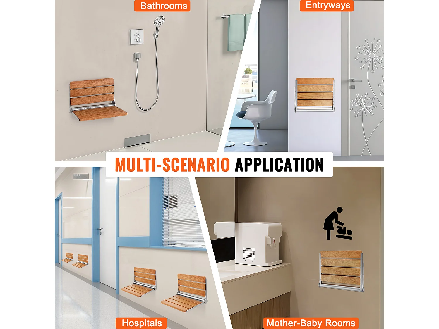 Siège de Douche SucceBuy Siège de Douche Pliable en Chêne 40.8cm x 34cm Mural 440 lb