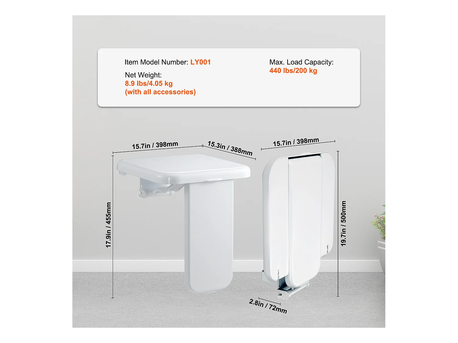 Douchestoel SucceBuy ABS Opvouwbare Douchestoel 39,8 cm x 42,4 cm, Wandmontage, 440 lbs