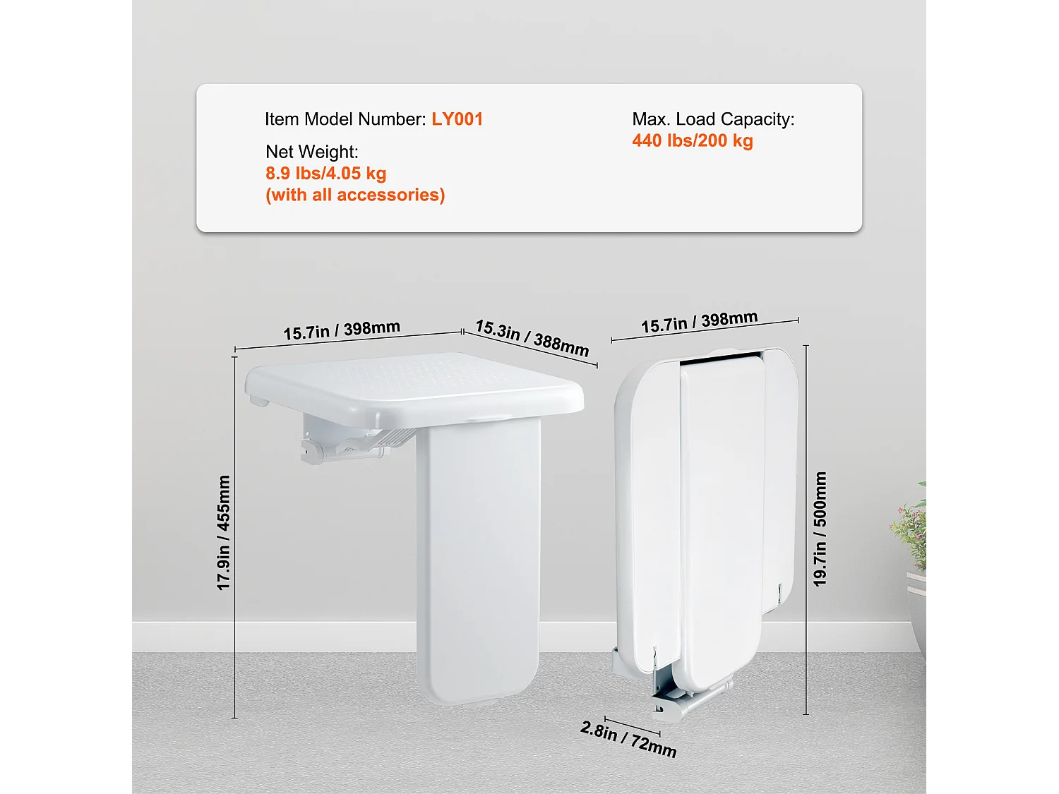 Siège de Douche SucceBuy Siège de Douche Pliable en ABS 39.8cm x 42.4cm Fixation Murale 440 lb