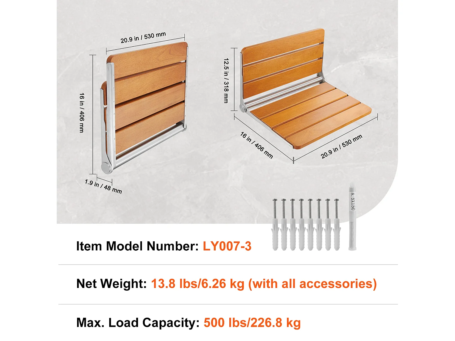 Klappbarer Duschsitz SucceBuy 53,1 cm x 40 cm Teakholz-Klappduschsitz zur Wandmontage, 500 lbs
