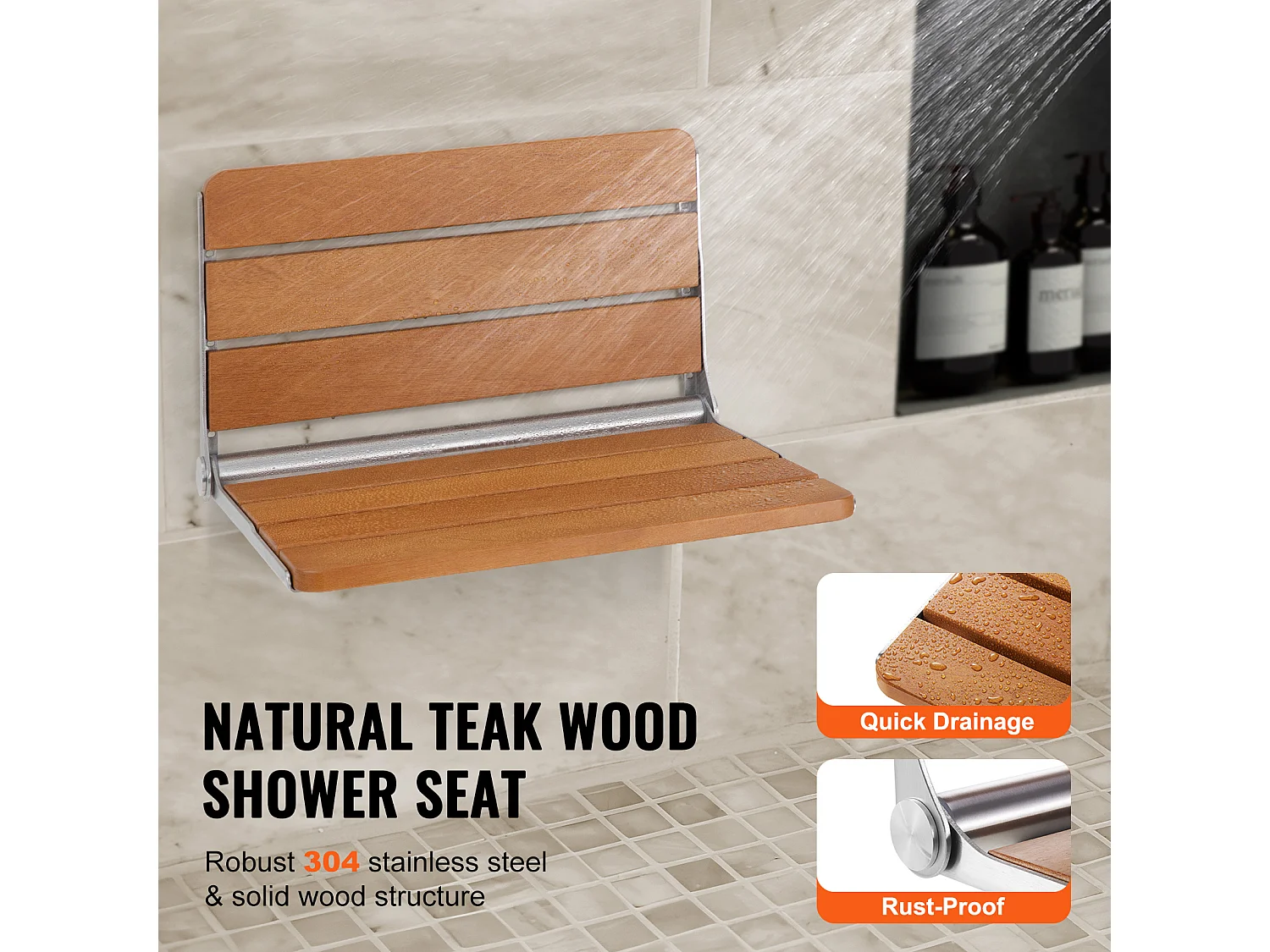 Klappbarer Duschsitz SucceBuy 53,1 cm x 40 cm Teakholz-Klappduschsitz zur Wandmontage, 500 lbs