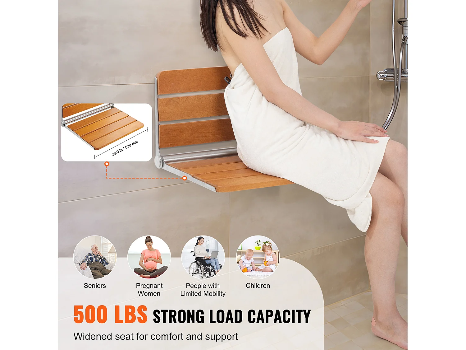 Klappbarer Duschsitz SucceBuy 53,1 cm x 40 cm Teakholz-Klappduschsitz zur Wandmontage, 500 lbs
