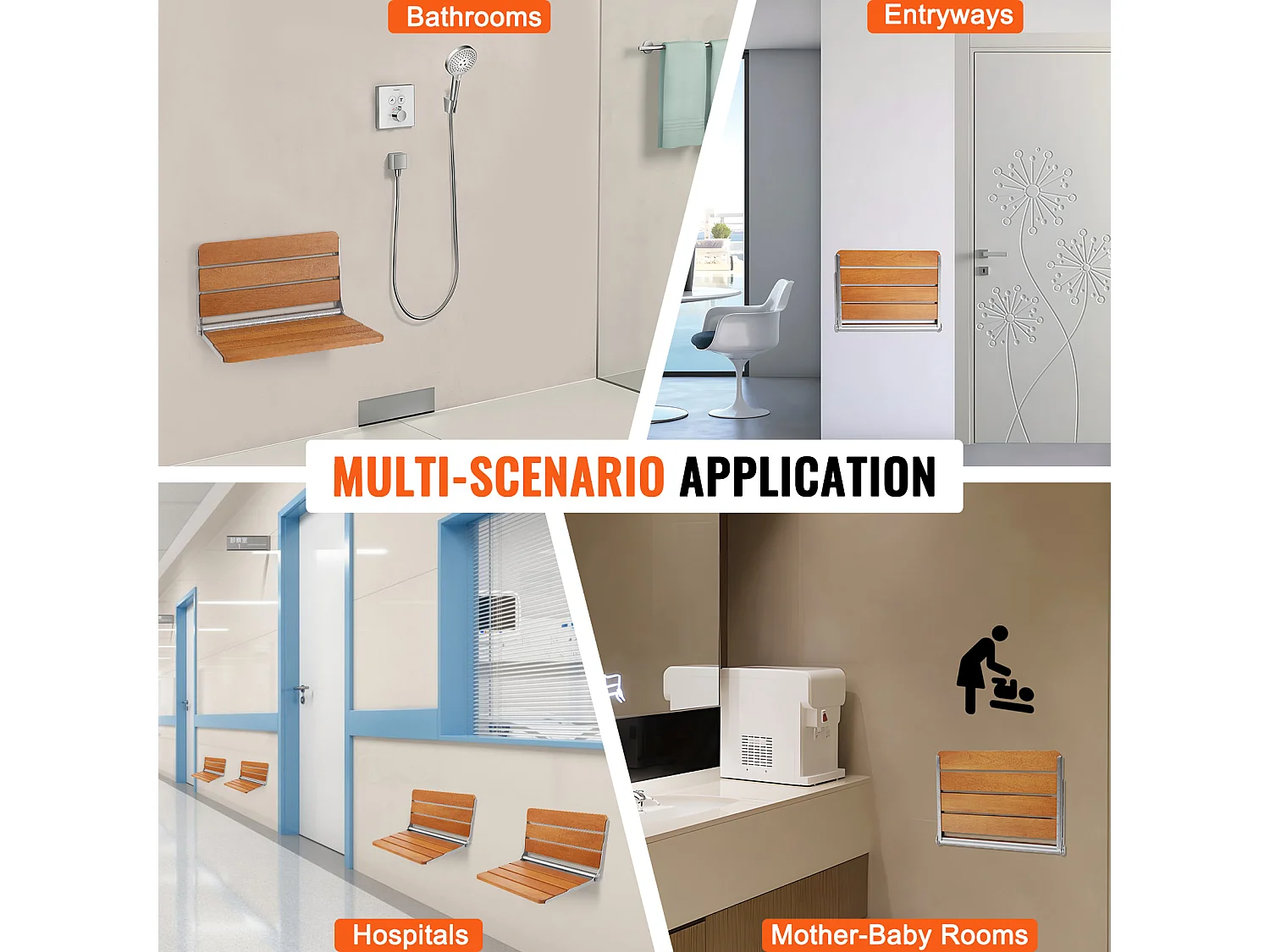 Klappbarer Duschsitz SucceBuy 53,1 cm x 40 cm Teakholz-Klappduschsitz zur Wandmontage, 500 lbs