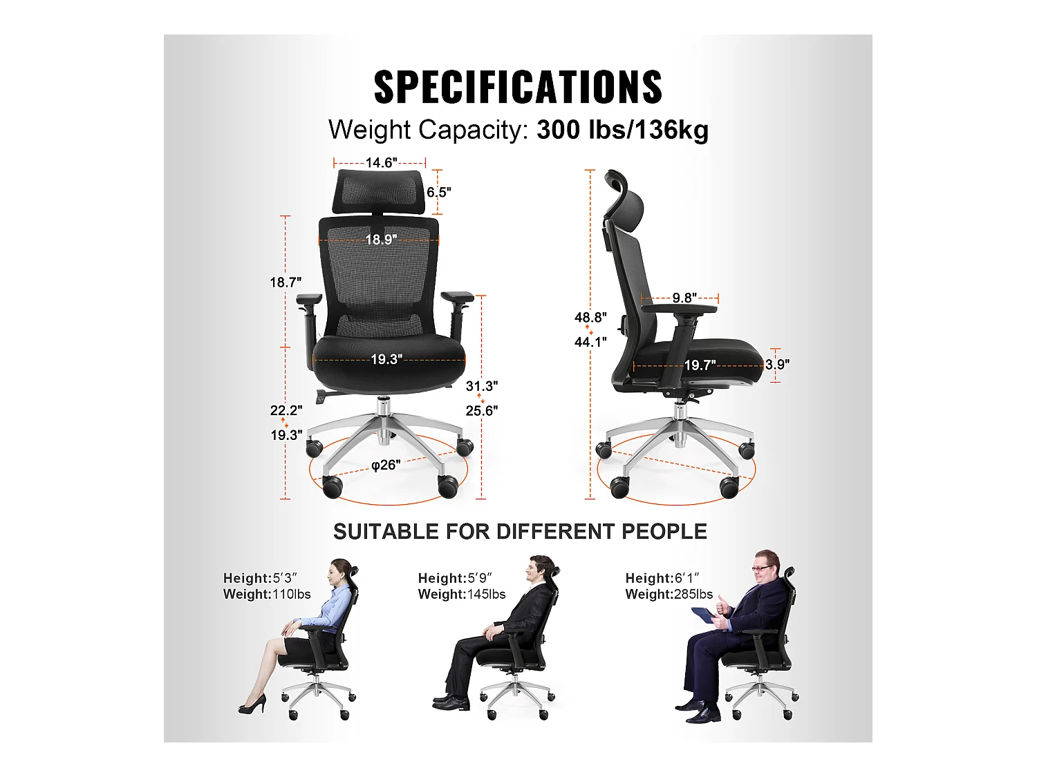 Ergonomischer Bürostuhl, SucceBuy, Netz-Drehstuhl, Lendenwirbelstütze