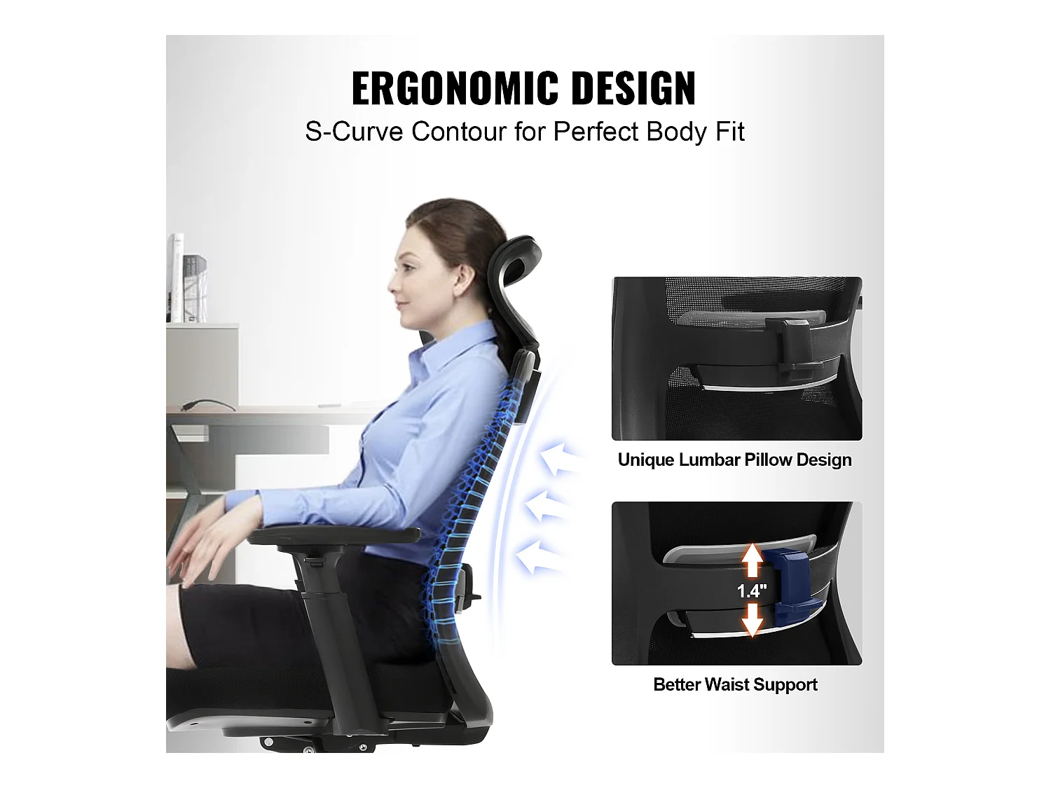 Ergonomischer Bürostuhl, SucceBuy, Netz-Drehstuhl, Lendenwirbelstütze