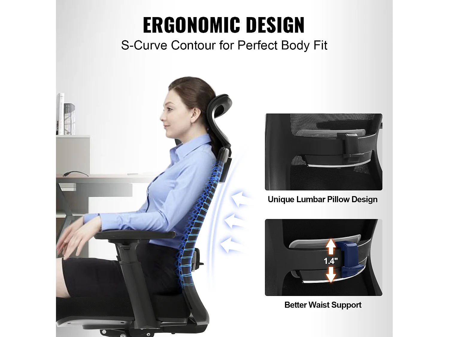 Ergonomiczny Fotel Biurowy, SucceBuy, Obrotowy Fotel Biurowy z Siatki, Podparcie Odcinka Lędźwiowego Kręgosłupa