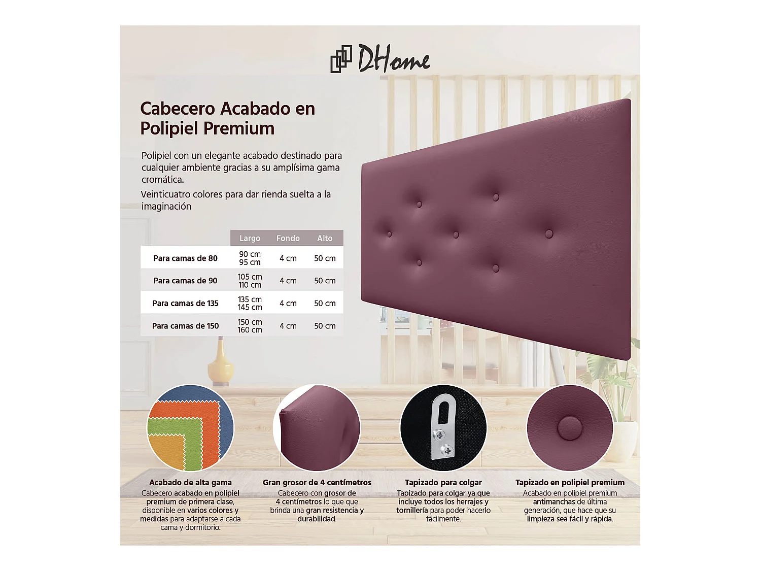 DHOME Tête de Lit en Similicuir avec 3 Rangées de Boutons Entrelacées Tête de Lit Rembourrée de Luxe (Bordeaux, 90cm)