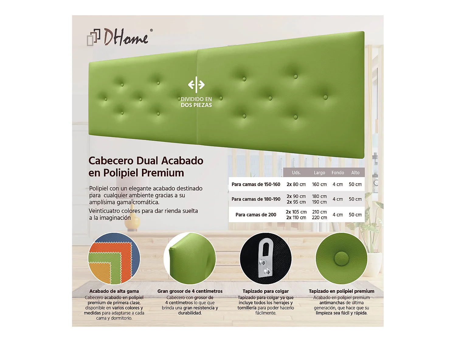 DHOME Tête de Lit en Similicuir avec 3 Rangées de Boutons Entrelacées Tête de Lit Rembourrée de Luxe (Vert, 210cm (2 pièces))