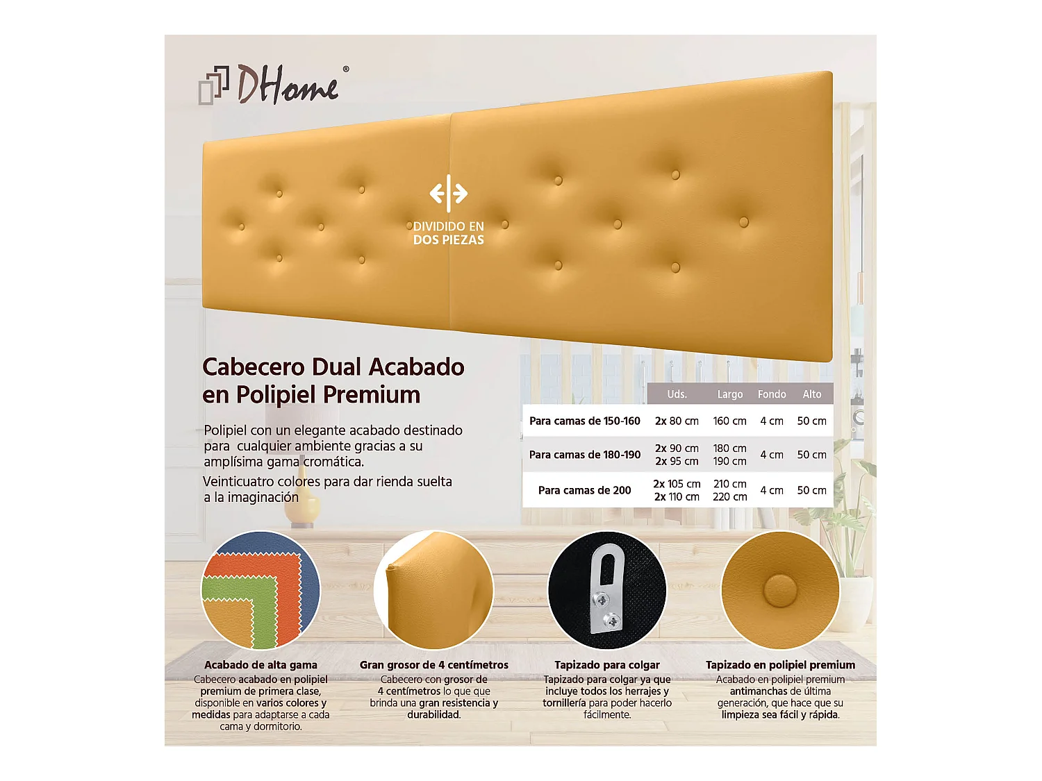 DHOME Tête de Lit en Similicuir avec 3 Rangées de Boutons Entrelacées Tête de Lit Rembourrée de Luxe (Moutarde, 210cm (2 pièces))