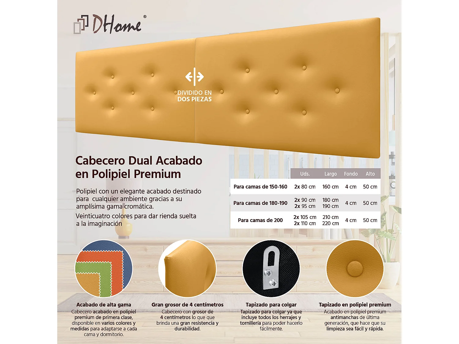 DHOME Cabecero de Polipiel con 3 Hileras Intercaladas de Botones Cabezal Tapizado Cama Lujo (Mostaza, 210cm (2 piezas))