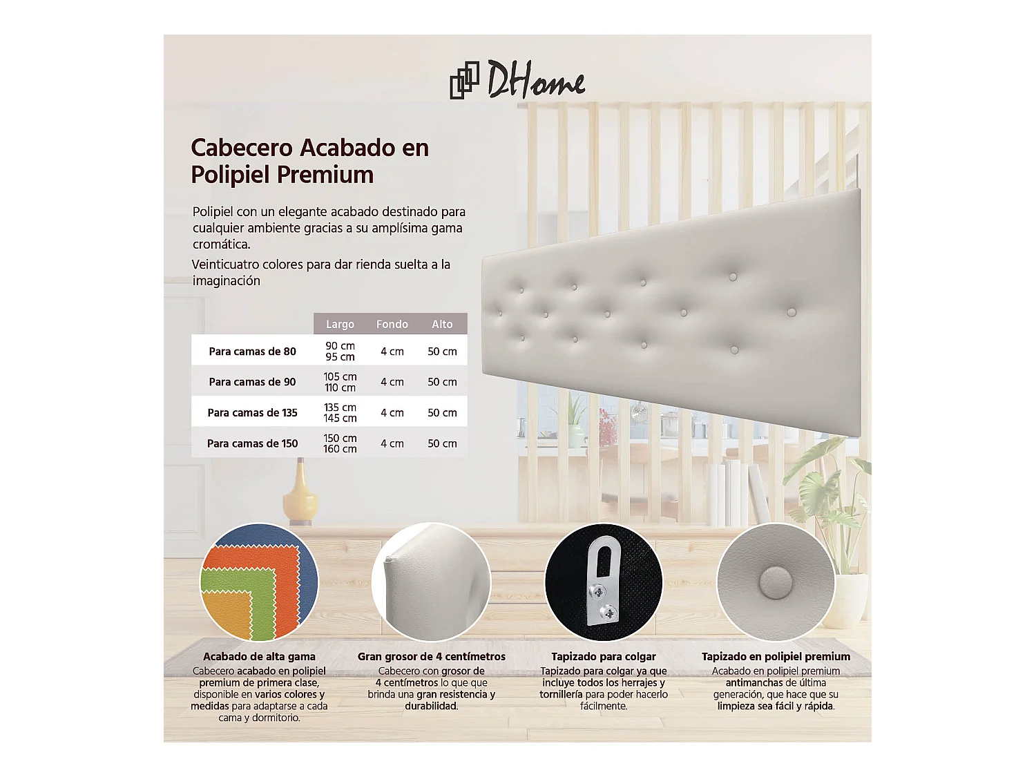 DHOME Tête de Lit en Similicuir avec 3 Rangées de Boutons Entrelacées Tête de Lit Rembourrée de Luxe (Blanc Hueso, 145cm)