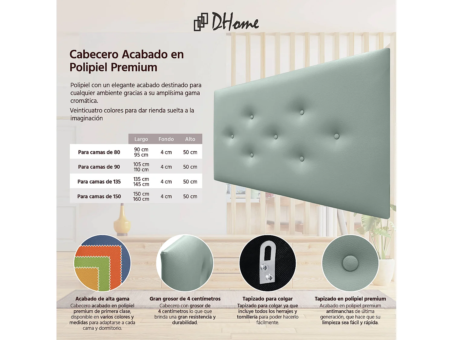 DHOME Tête de Lit en Similicuir avec 3 Rangées de Boutons Entrelacées Tête de Lit Rembourrée de Luxe (Vert Agua, 110cm)