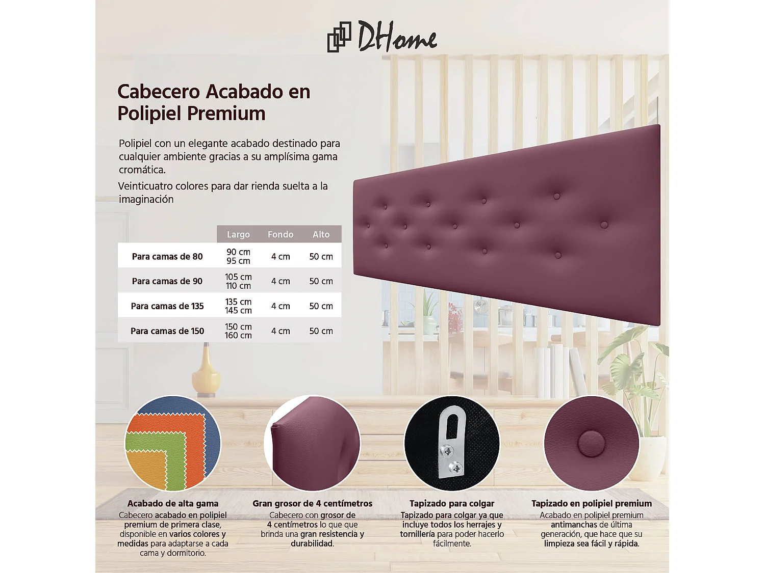 DHOME Tête de Lit en Similicuir avec 3 Rangées de Boutons Entrelacées Tête de Lit Rembourrée de Luxe (Bordeaux, 160cm)