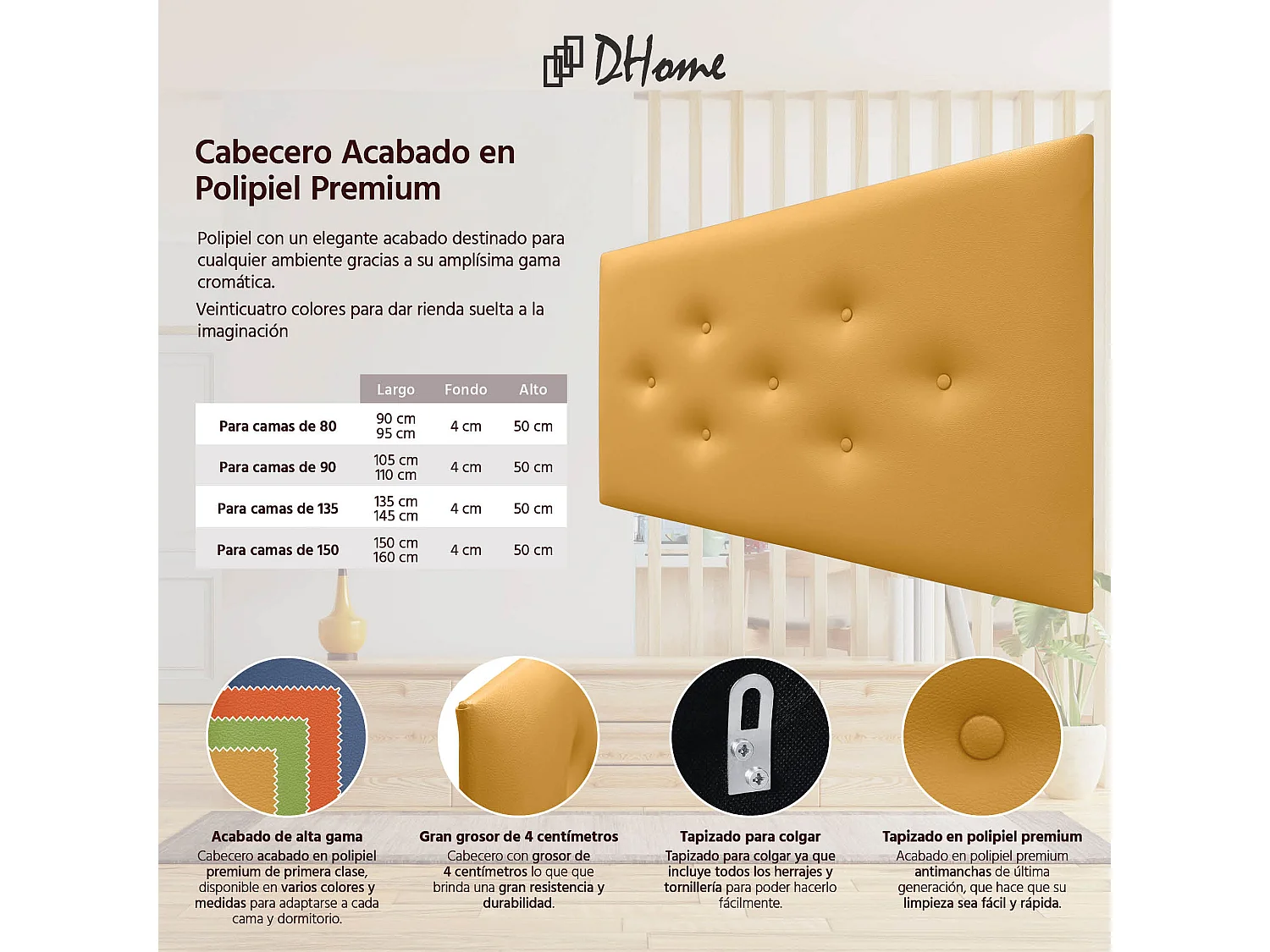 DHOME Tête de Lit en Similicuir avec 3 Rangées de Boutons Entrelacées Tête de Lit Rembourrée de Luxe (Moutarde, 90cm)