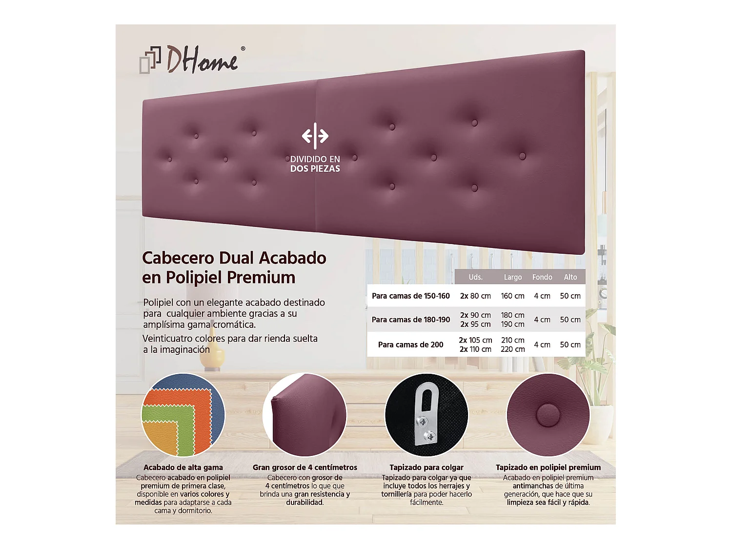 DHOME Tête de Lit en Similicuir avec 3 Rangées de Boutons Entrelacées Tête de Lit Rembourrée de Luxe (Bordeaux, 160cm (2 pièces))