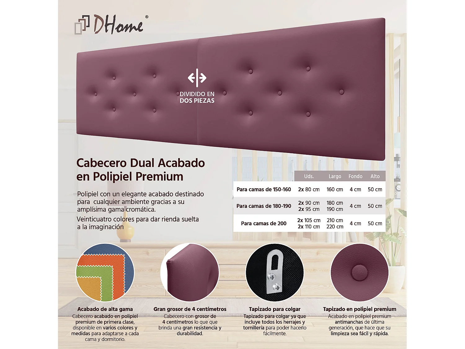 DHOME Cabecero de Polipiel con 3 Hileras Intercaladas de Botones Cabezal Tapizado Cama Lujo (Vino Tinto, 160cm (2 piezas))