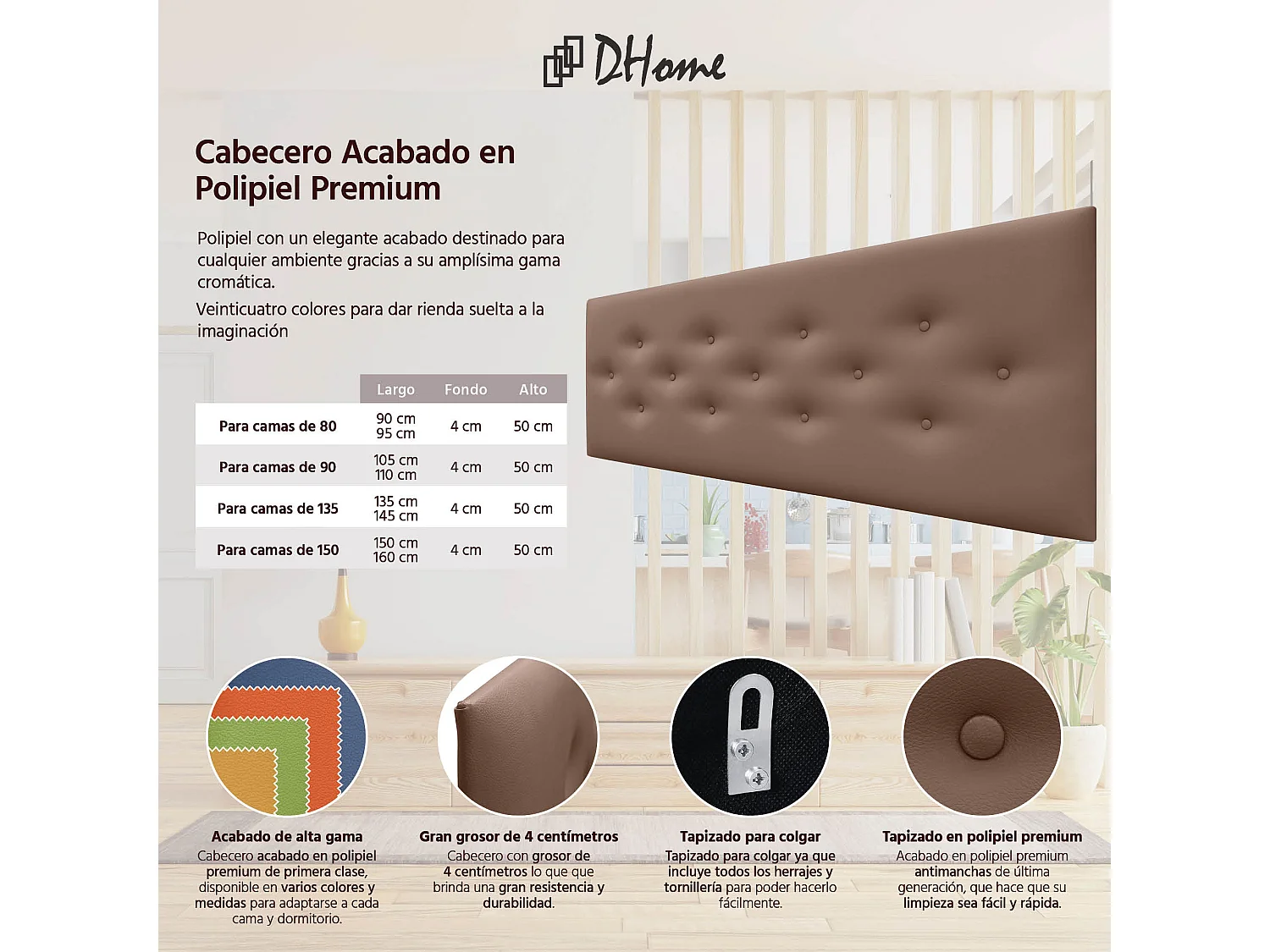 DHOME Tête de Lit en Similicuir avec 3 Rangées de Boutons Entrelacées Tête de Lit Rembourrée de Luxe (Argile, 160cm)