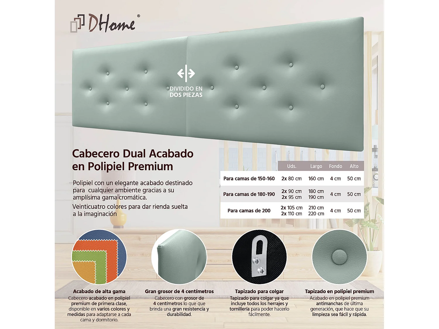 DHOME Tête de Lit en Similicuir avec 3 Rangées de Boutons Entrelacées Tête de Lit Rembourrée de Luxe (Vert Agua, 180cm (2 pièces))