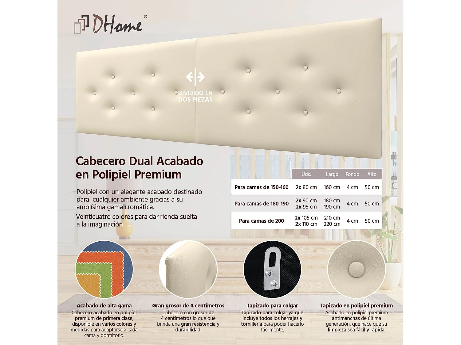 DHOME Testiera in Ecopelle con 3 File di Bottoni Alternati Testiera Imbottita Letto di Lusso (Vaniglia, 210cm (2 pezzi))