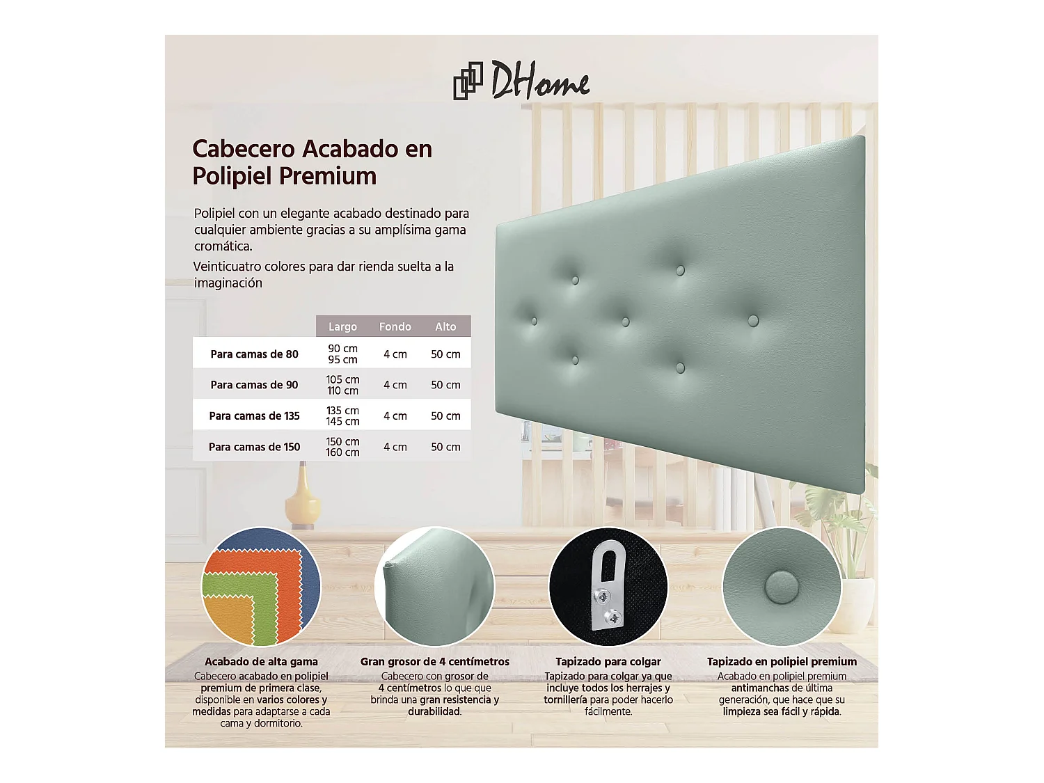 DHOME Tête de Lit en Similicuir avec 3 Rangées de Boutons Entrelacées Tête de Lit Rembourrée de Luxe (Vert Agua, 105cm)