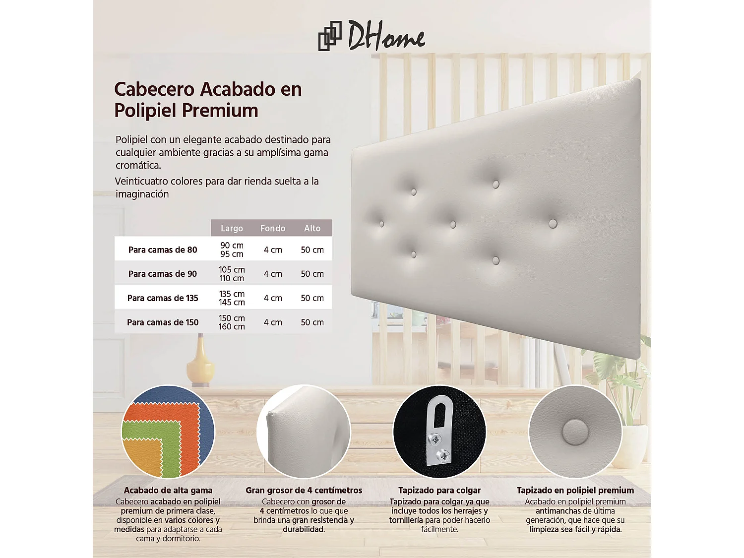 DHOME Tête de Lit en Similicuir avec 3 Rangées de Boutons Entrelacées Tête de Lit Rembourrée de Luxe (Blanc Hueso, 110cm)