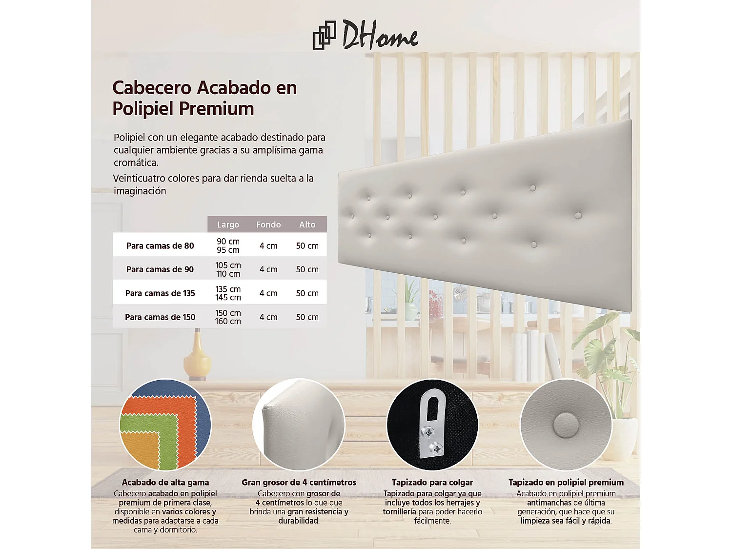 DHOME Tête de Lit en Similicuir avec 3 Rangées de Boutons Entrelacées Tête de Lit Rembourrée de Luxe (Blanc Hueso, 150cm)