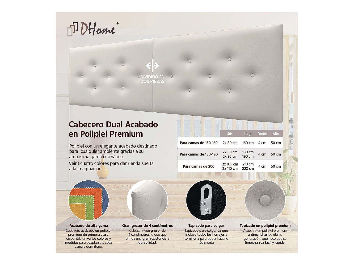 DHOME Tête de Lit en Similicuir avec 3 Rangées de Boutons Entrelacées Tête de Lit Rembourrée de Luxe (Blanc Hueso, 210cm (2 pièces))