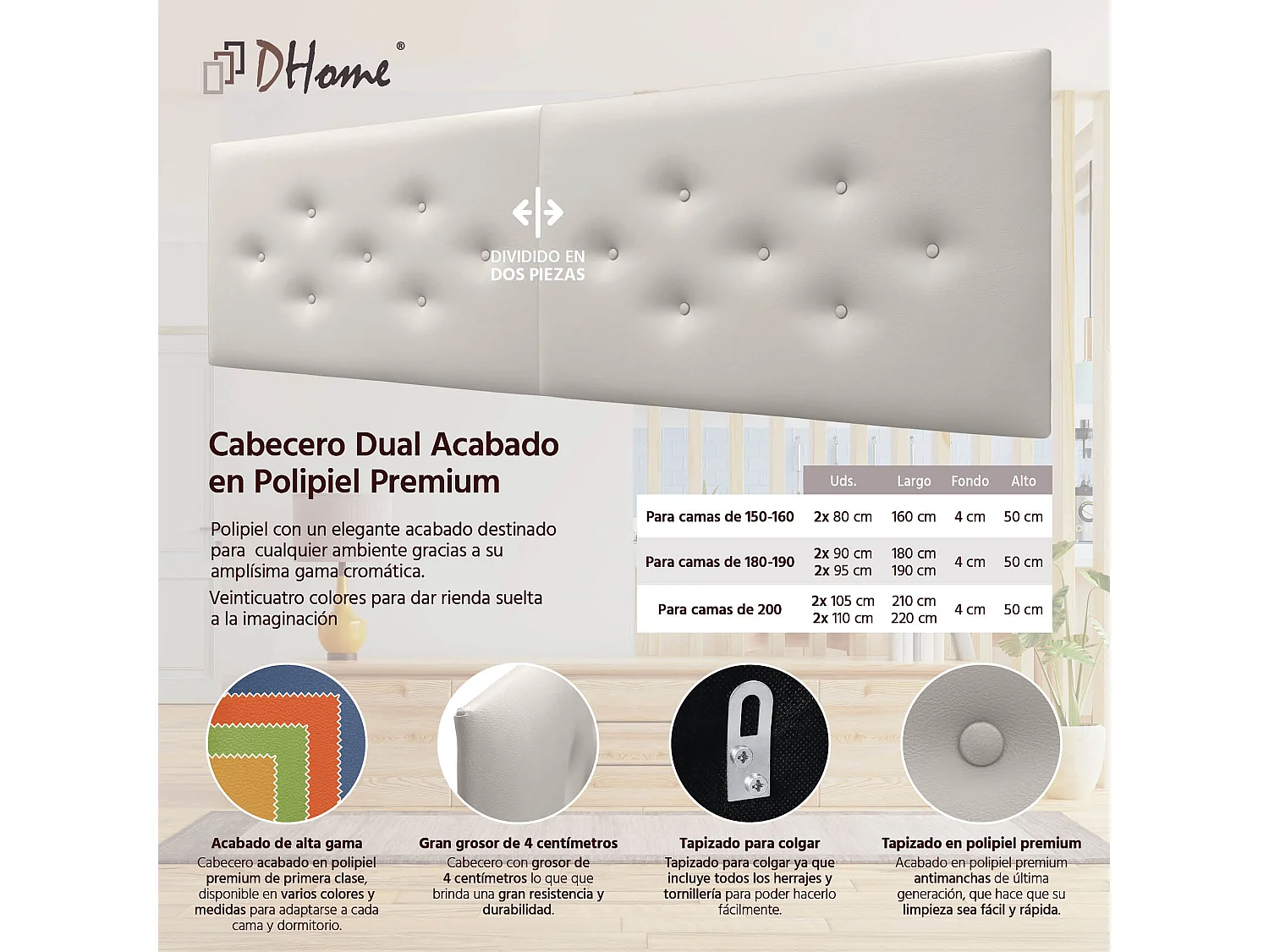 DHOME Cabecero de Polipiel con 3 Hileras Intercaladas de Botones Cabezal Tapizado Cama Lujo (Blanco Hueso, 210cm (2 piezas))
