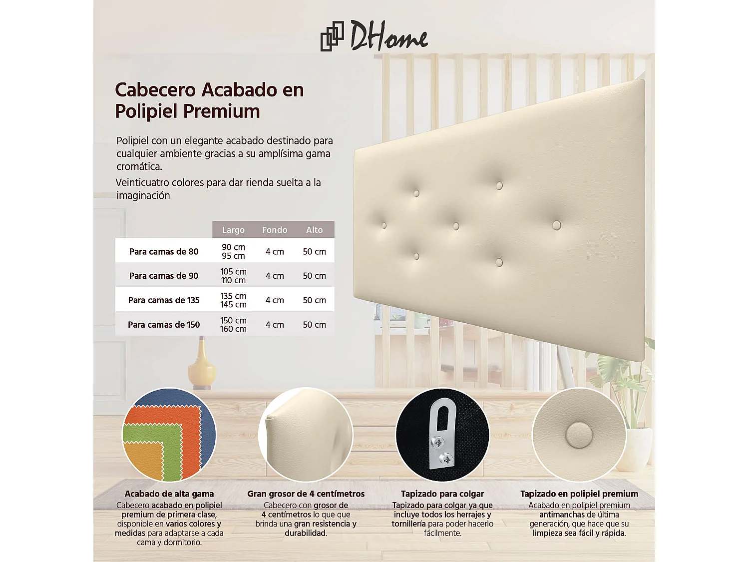 DHOME Cabecero de Polipiel con 3 Hileras Intercaladas de Botones Cabezal Tapizado Cama Lujo (Vainilla, 90cm)