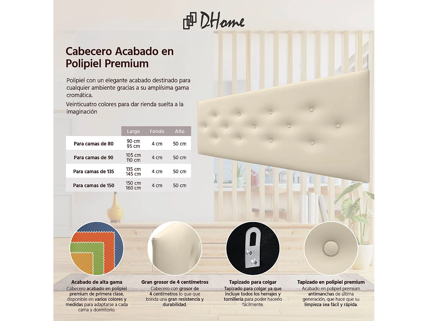 DHOME Cabecero de Polipiel con 3 Hileras Intercaladas de Botones Cabezal Tapizado Cama Lujo (Vainilla, 145cm)