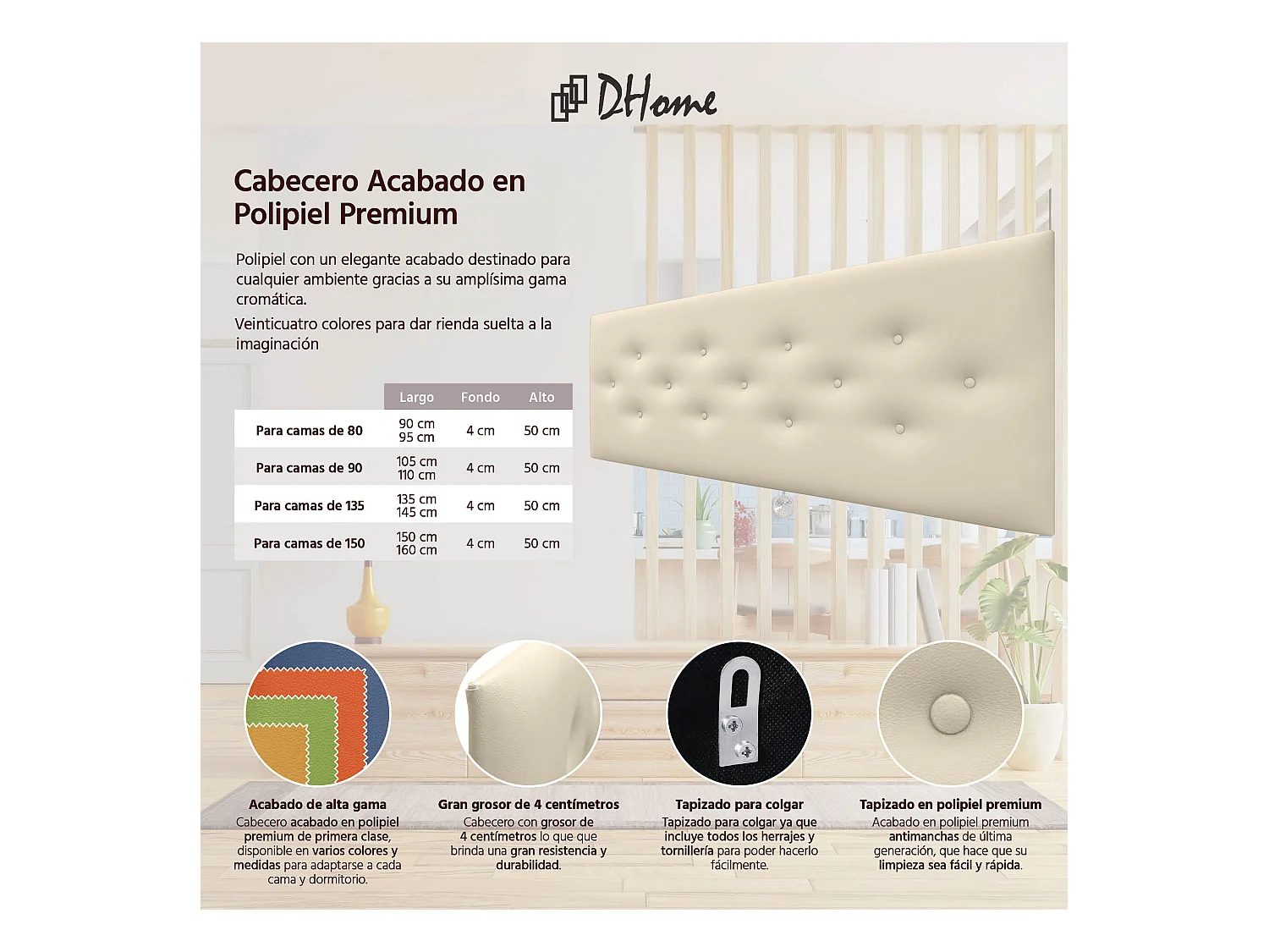 DHOME Tête de Lit en Similicuir avec 3 Rangées de Boutons Entrelacées Tête de Lit Rembourrée de Luxe (Vanille, 135cm)