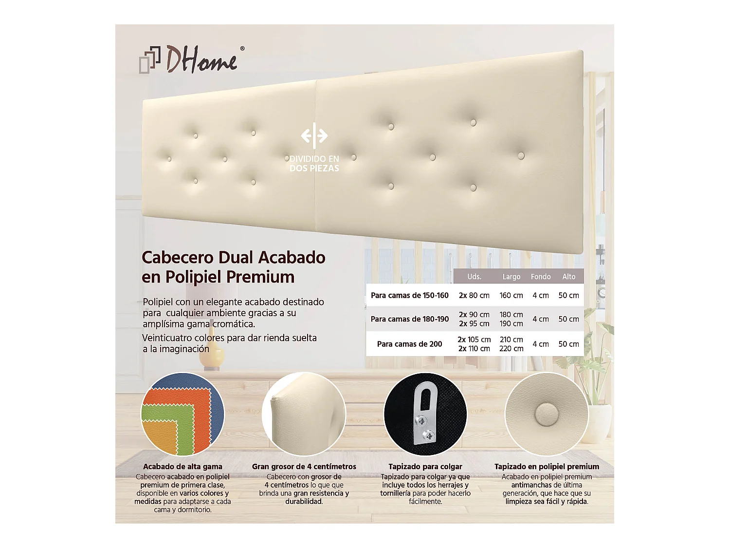 DHOME Tête de Lit en Similicuir avec 3 Rangées de Boutons Entrelacées Tête de Lit Rembourrée de Luxe (Vanille, 180cm (2 pièces))